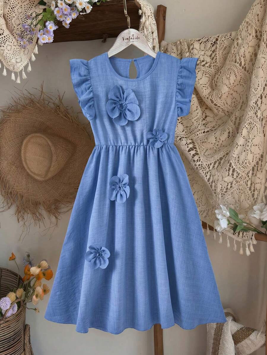 Tween girls dusty blue casual A-line dress with round neck, ruffle accents, high waist, and flared hem.