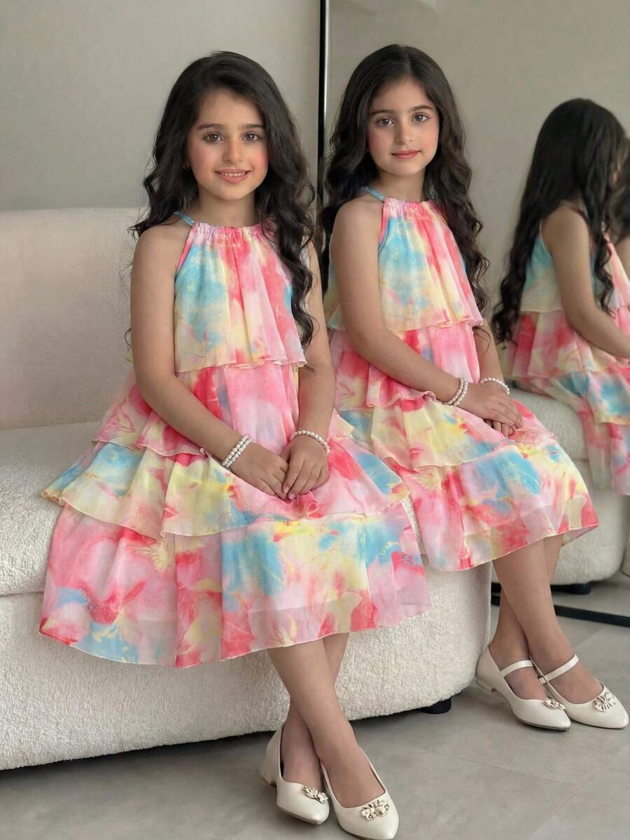 Apricot all-over floral print midi dress for tween girls featuring a sleeveless V-neckline, high waist, button details, and tiered A-line skirt.