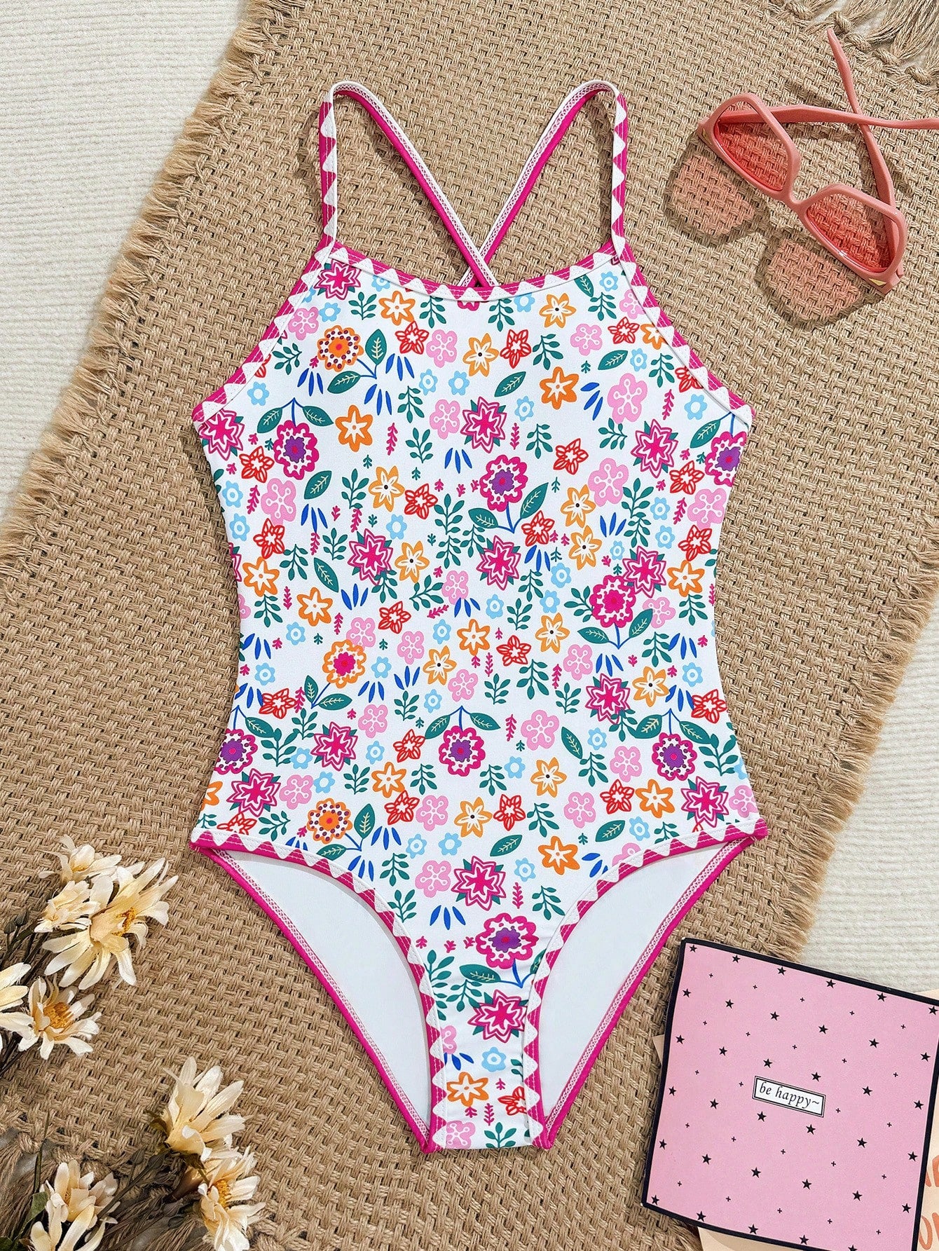 Tween girl one-piece swimsuit with floral plant print, asymmetrical neckline, cut-out detail, and fitted high-stretch design for beach and pool wear