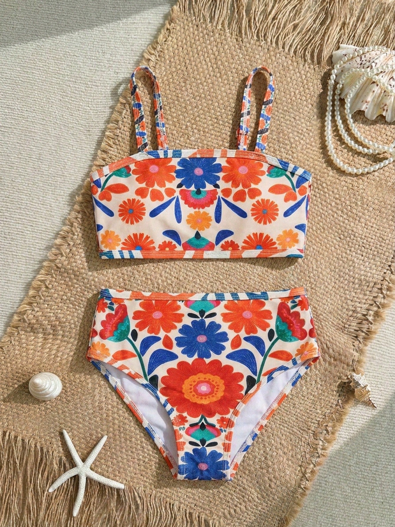 Girls multicolor floral print bikini set with strap sleeveless top and high waist mid waist bottom for summer vacation beachwear