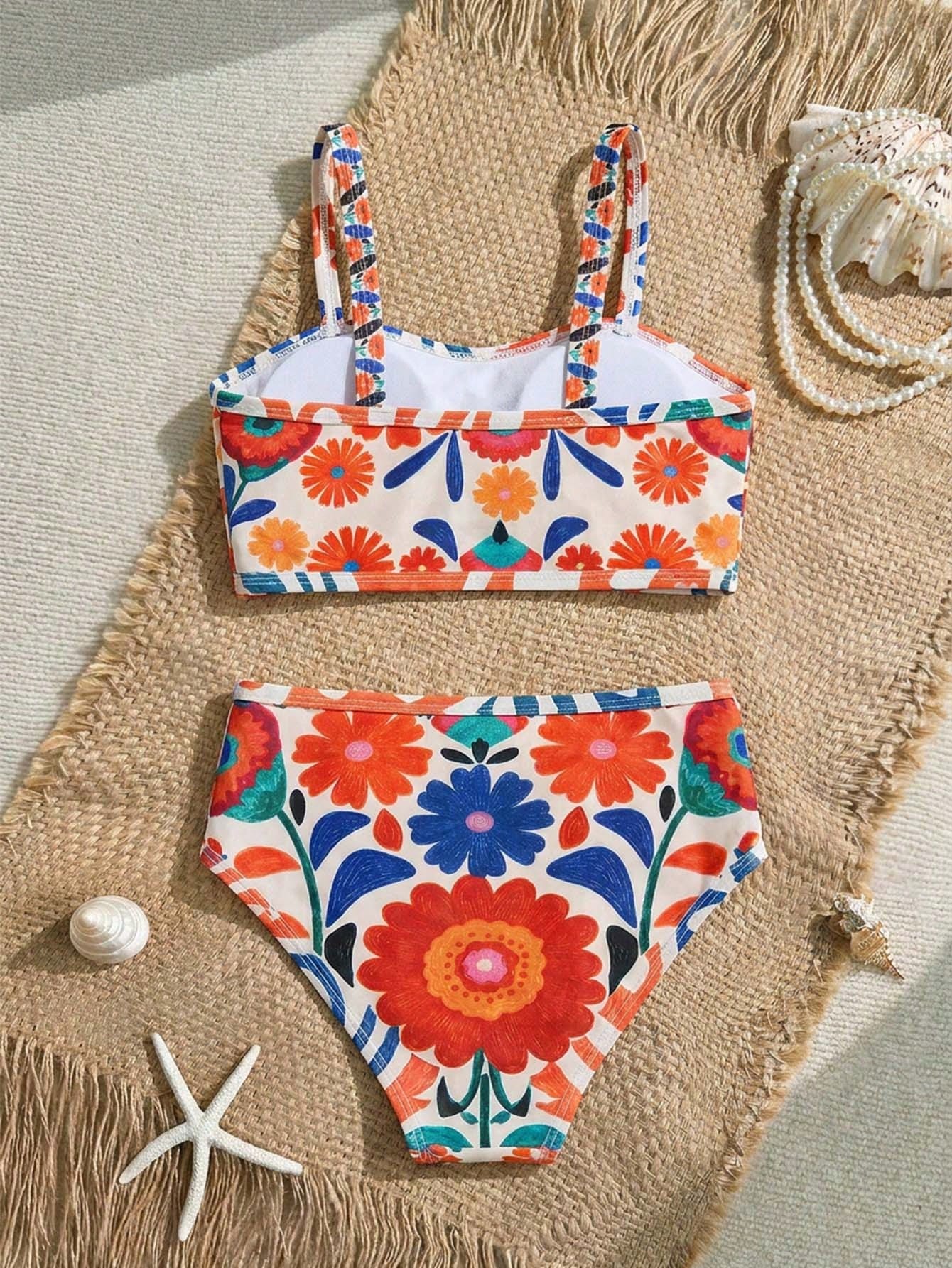 Girls multicolor floral print bikini set with strap sleeveless top and high waist mid waist bottom for summer vacation beachwear