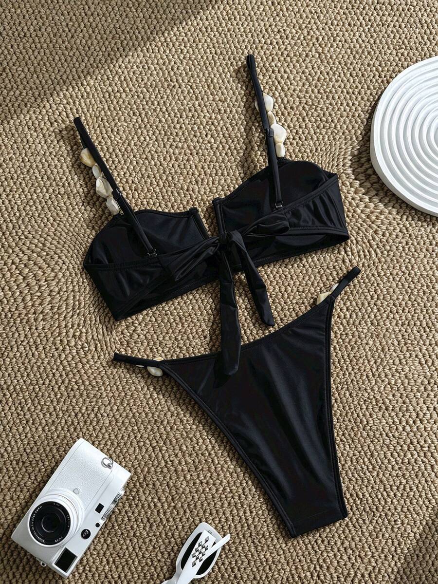 Apricot high waist two-piece bikini set for women featuring V-wired bandeau top with shell decor and high stretch swimwear fabric.