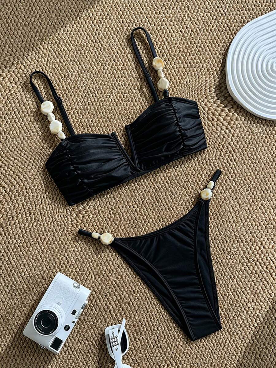 Apricot high waist two-piece bikini set for women featuring V-wired bandeau top with shell decor and high stretch swimwear fabric.