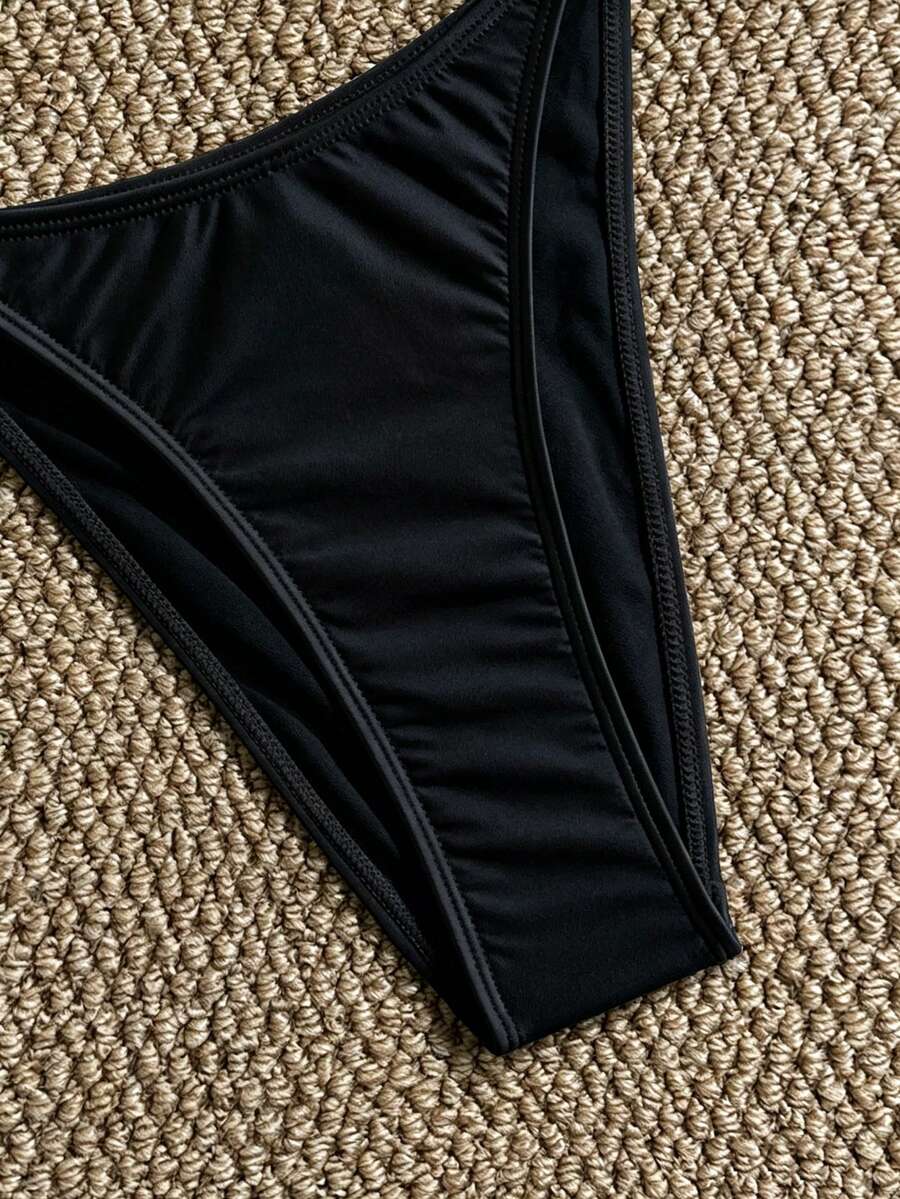 Apricot high waist two-piece bikini set for women featuring V-wired bandeau top with shell decor and high stretch swimwear fabric.