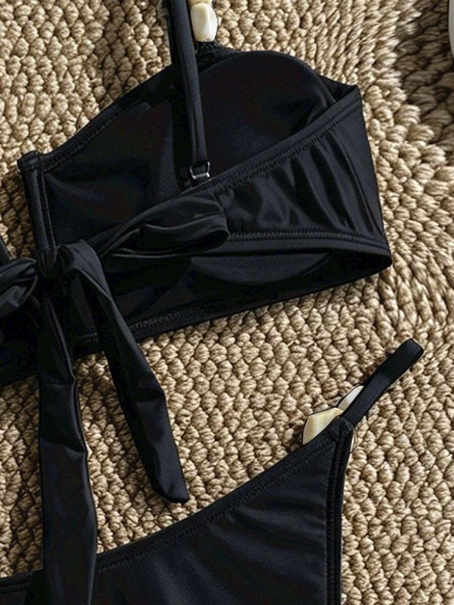 Apricot high waist two-piece bikini set for women featuring V-wired bandeau top with shell decor and high stretch swimwear fabric.