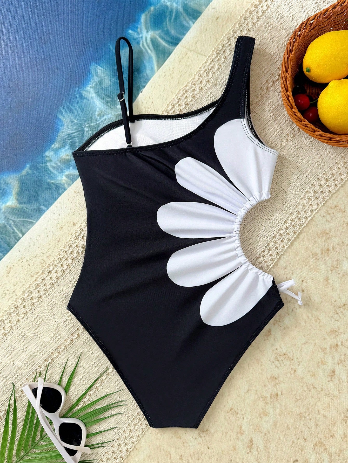 Casual Side Cut-Out Design White Floral Print Tween Girls' One-Piece Swimsuit