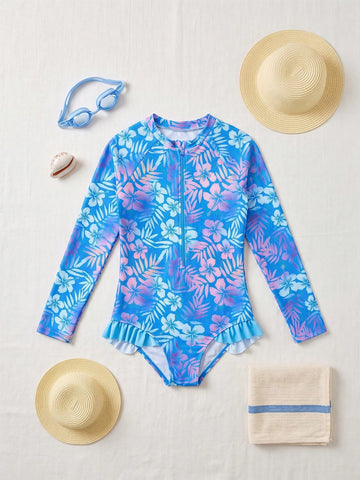 Girls' floral one-piece swimsuit with ruffle trim, high neck, and zipper front for beach and resort wear