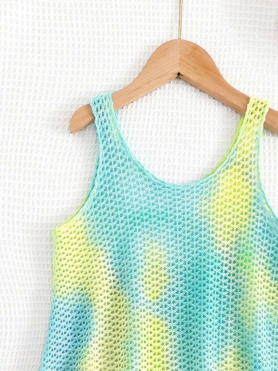 Multicolor hollow out geometric sleeveless swimwear cover-up for girls featuring scoop neck design.