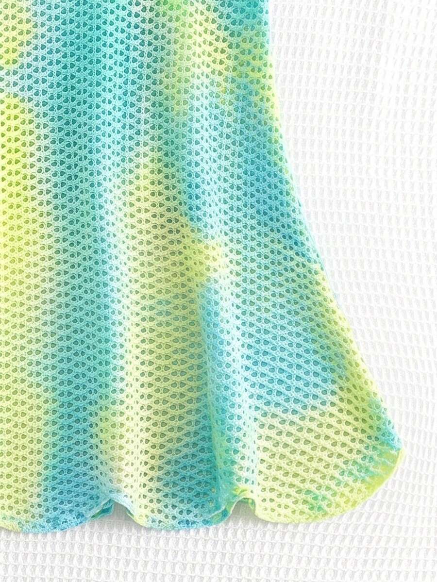 Multicolor hollow out geometric sleeveless swimwear cover-up for girls featuring scoop neck design.