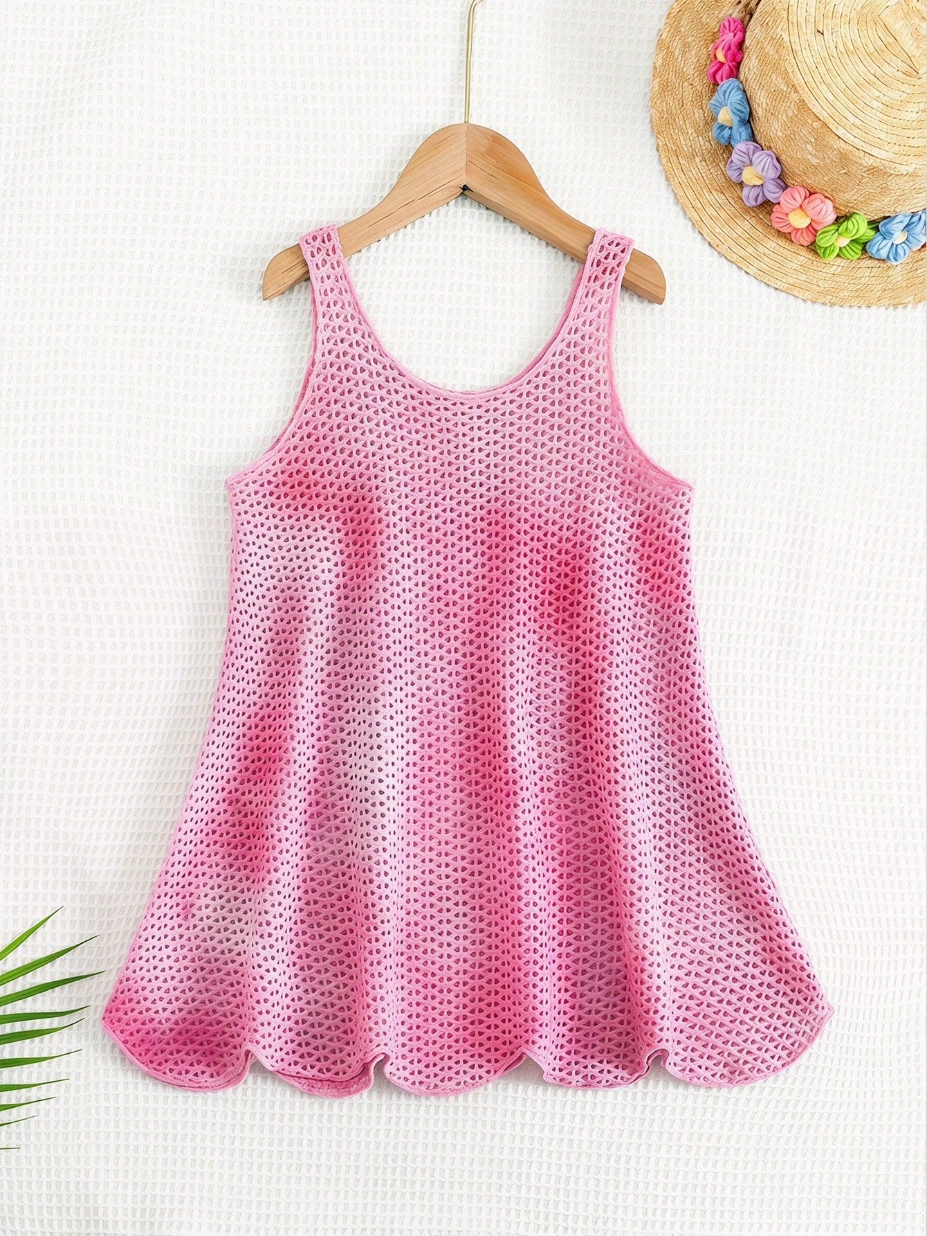Multicolor hollow out geometric sleeveless swimwear cover-up for girls featuring scoop neck design.