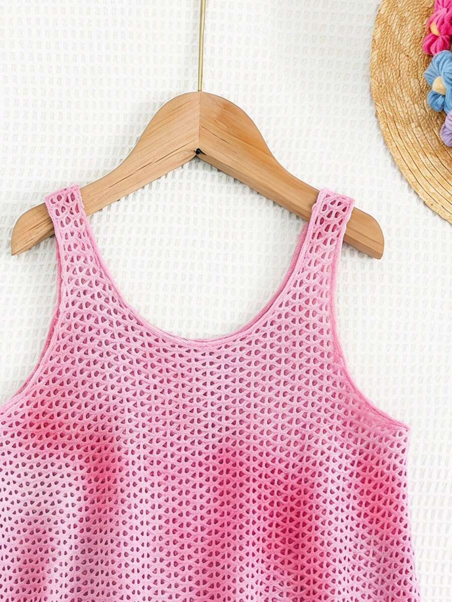 Multicolor hollow out geometric sleeveless swimwear cover-up for girls featuring scoop neck design.