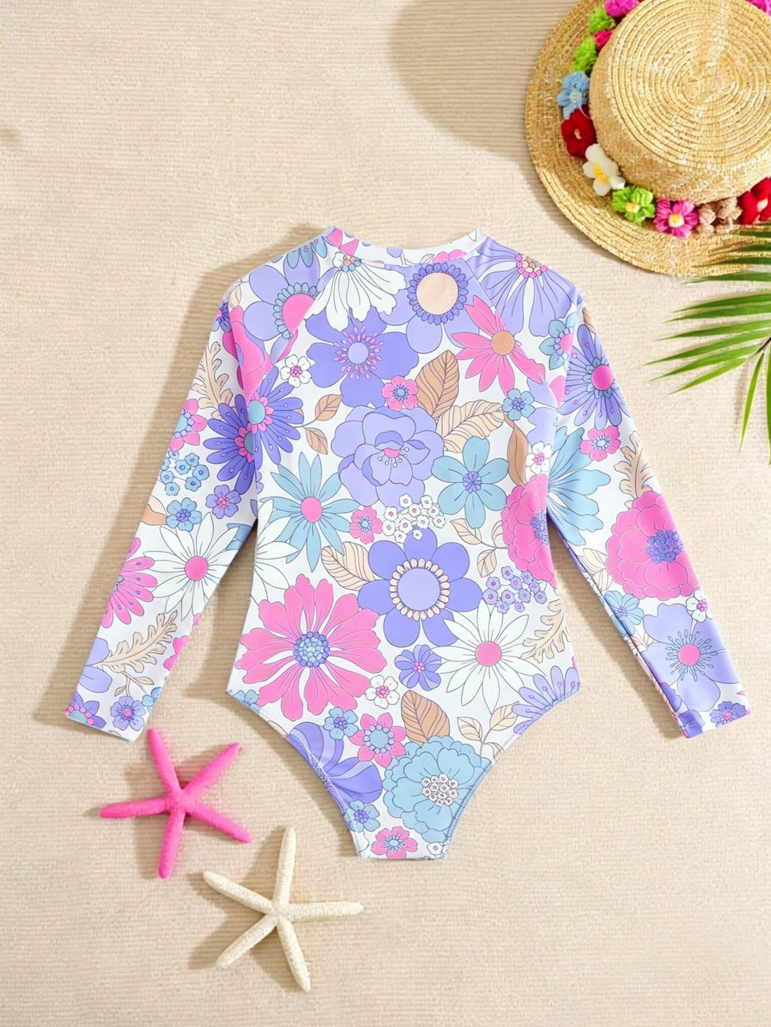 Purple floral one-piece swimsuit for tween girls with high neck, zipper detail, wireless bra design, and mid-waist bottom