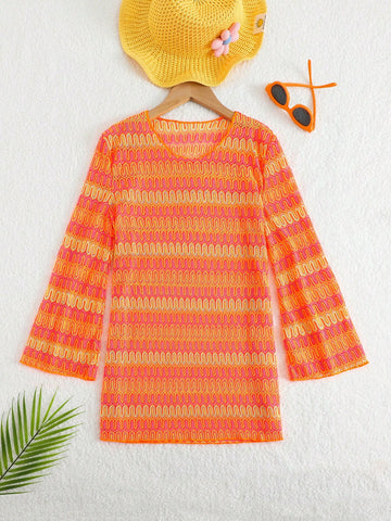 Orange long sleeve mesh swimwear cover up for tween girls with a round neck and short length