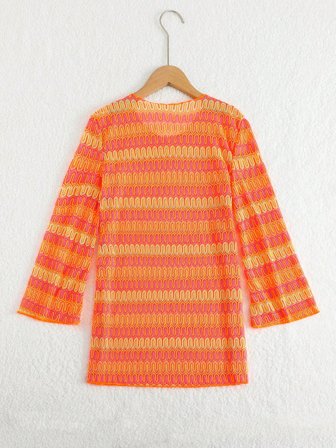 Orange long sleeve mesh swimwear cover up for tween girls with a round neck and short length