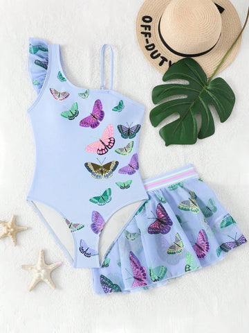 Girls yellow one-piece swimsuit with asymmetrical neckline, ruffle detail, sleeveless fitted style, and skirt bottom for beach and pool vacations.