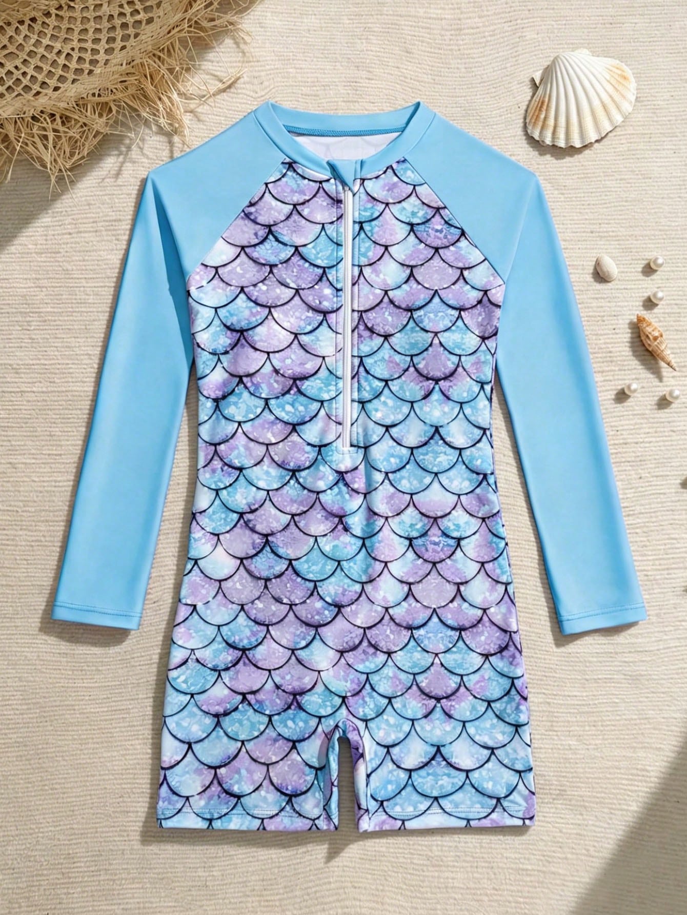 Tween girls one-piece swimsuit featuring a high neck, long sleeves, and shorts bottom, with a back zipper and strawberry plaid digital print on stretch knit fabric. Designed for swimming, vacation, and summer wear.