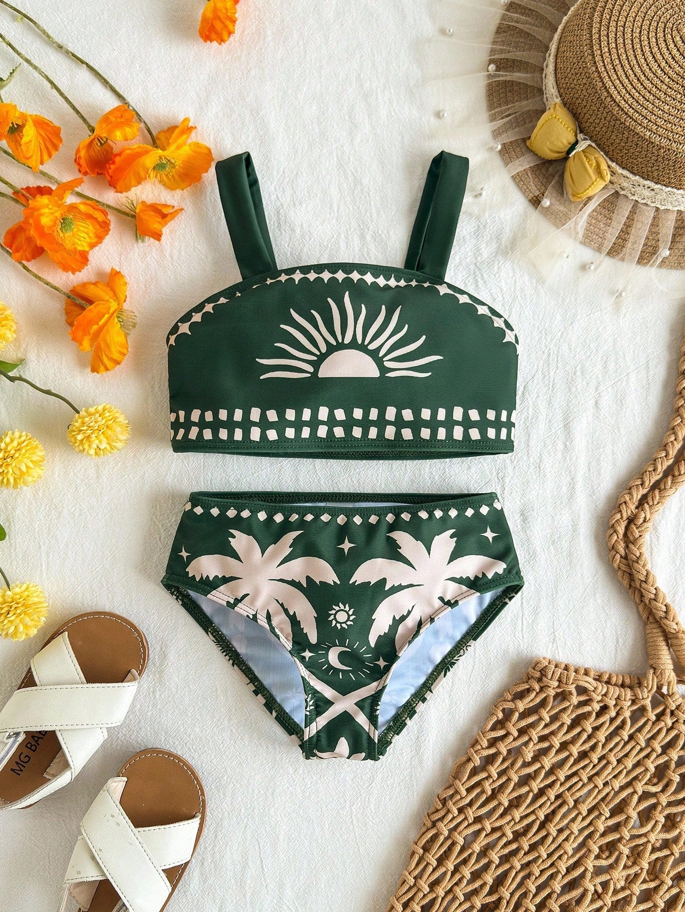 Girls multicolor floral print bikini set with strap sleeveless top and high waist mid waist bottom for summer vacation beachwear