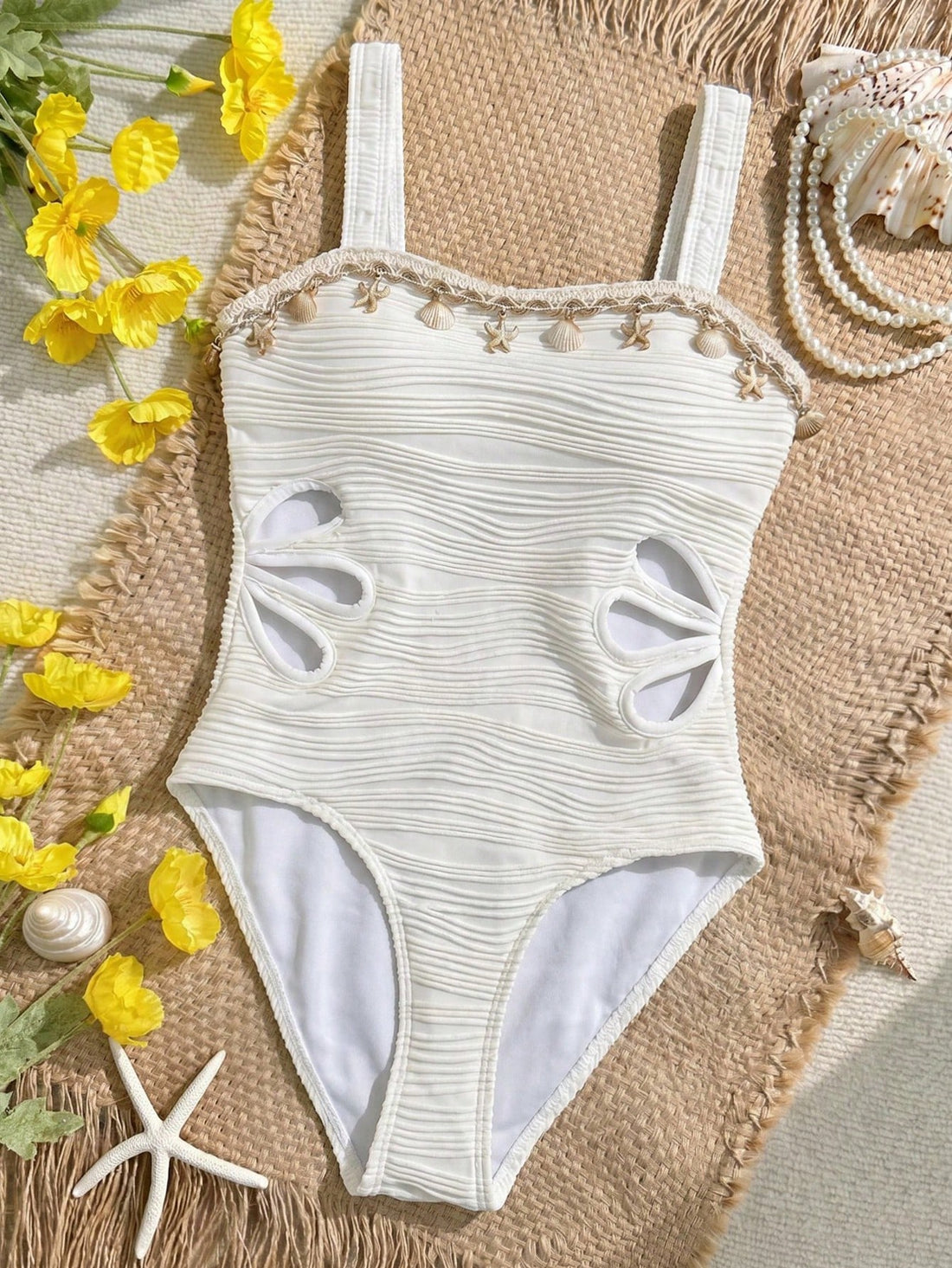 Apricot one-piece swimsuit for tween girls with strap neckline, contrast lace trim, fitted shape, mid-waist bottom, and lined body for beach or pool vacation wear.