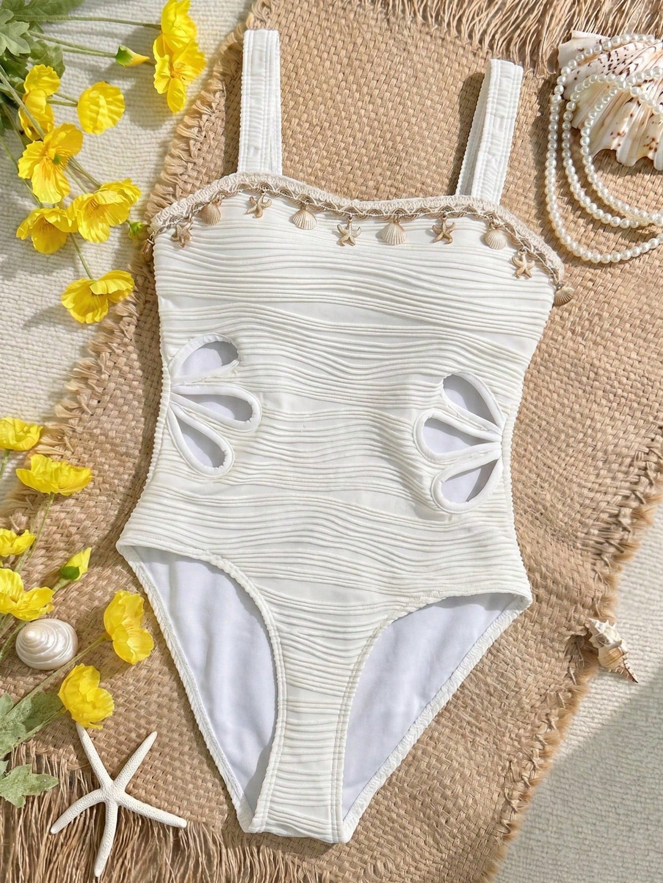 Apricot one-piece swimsuit for tween girls with strap neckline, contrast lace trim, fitted shape, mid-waist bottom, and lined body for beach or pool vacation wear.
