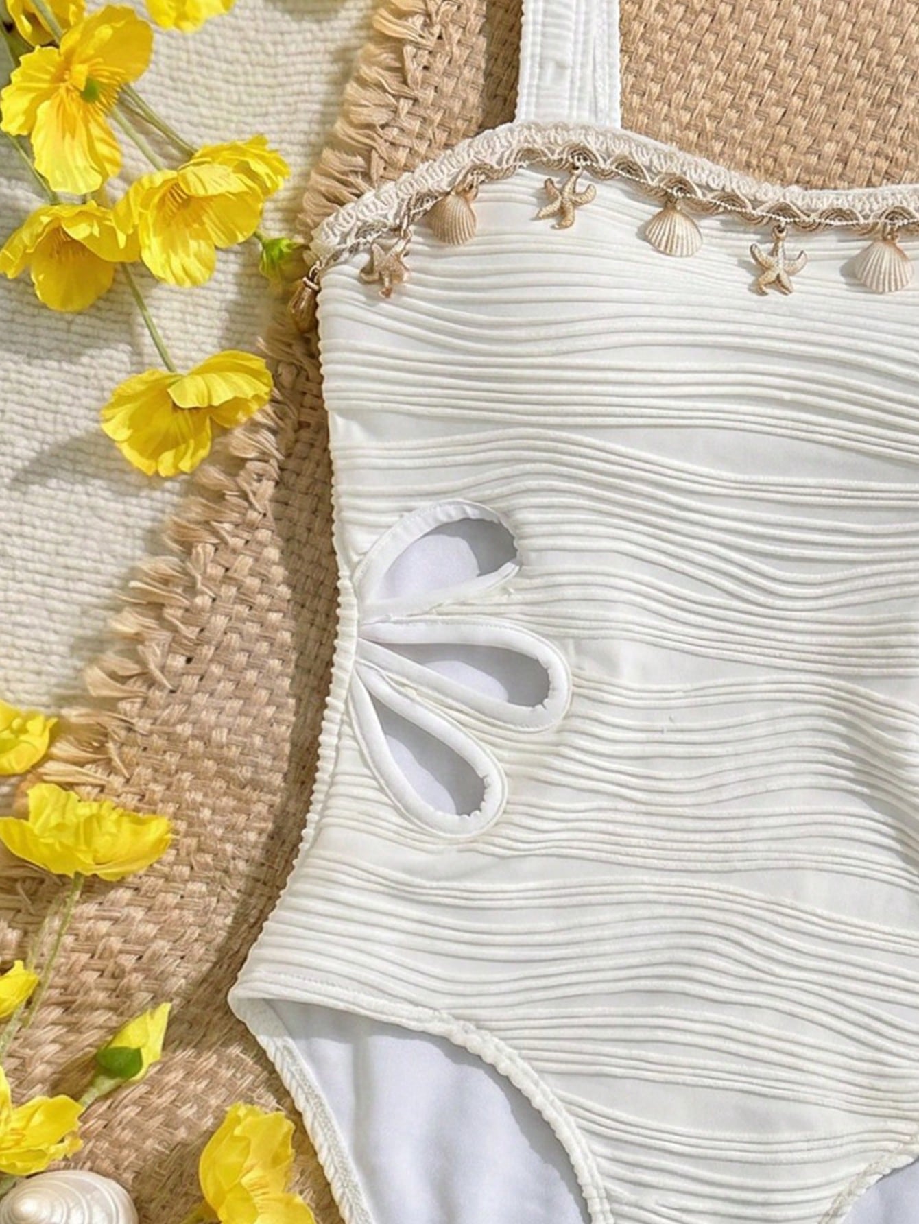 Apricot one-piece swimsuit for tween girls with strap neckline, contrast lace trim, fitted shape, mid-waist bottom, and lined body for beach or pool vacation wear.