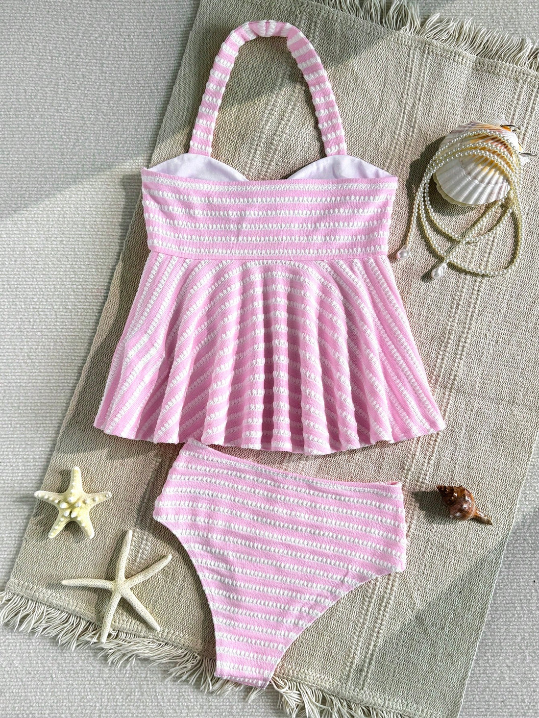 Tween Girl Tween Girl Textured Knit Apricot Halter Gold Shell Tankini Swimwear Set