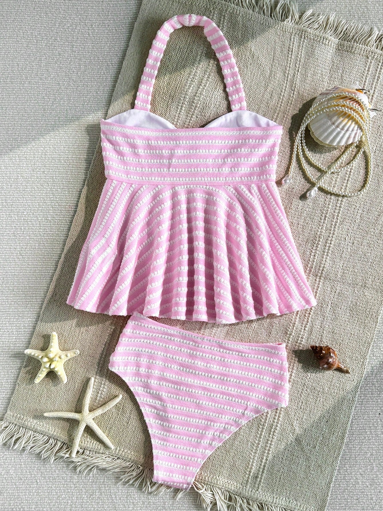 Tween Girl Tween Girl Textured Knit Apricot Halter Gold Shell Tankini Swimwear Set