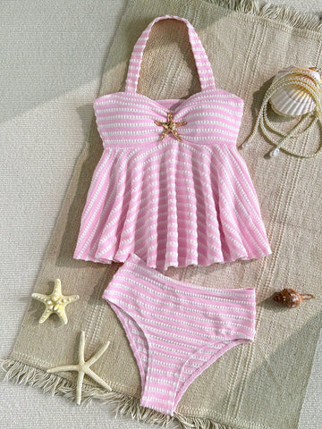 Tween Girl Tween Girl Textured Knit Apricot Halter Gold Shell Tankini Swimwear Set