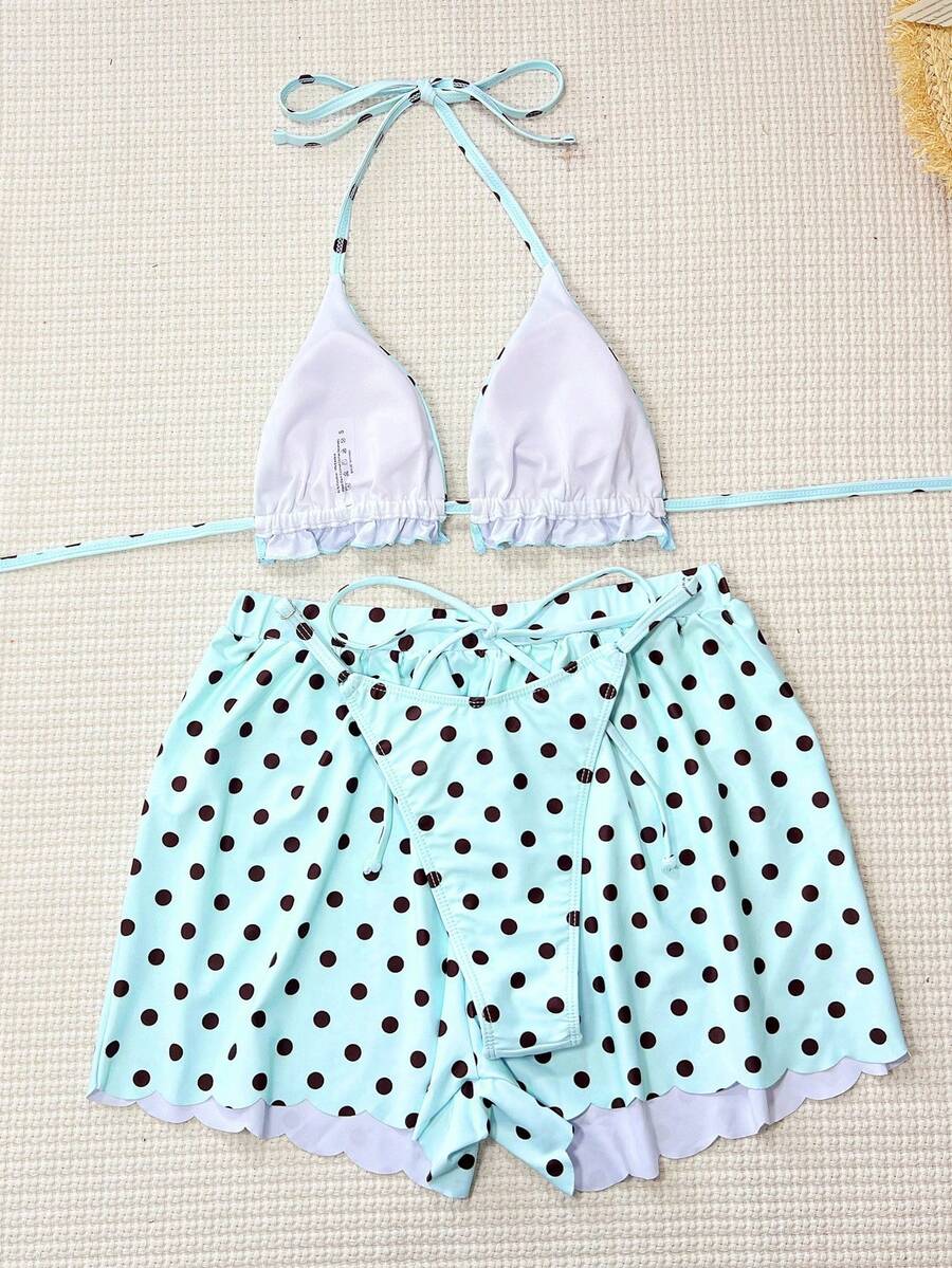 Women's 3-piece frill trim bikini set with halter tie-back top and high waist bottoms.