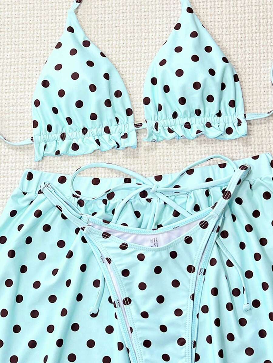 Women's 3-piece frill trim bikini set with halter tie-back top and high waist bottoms.