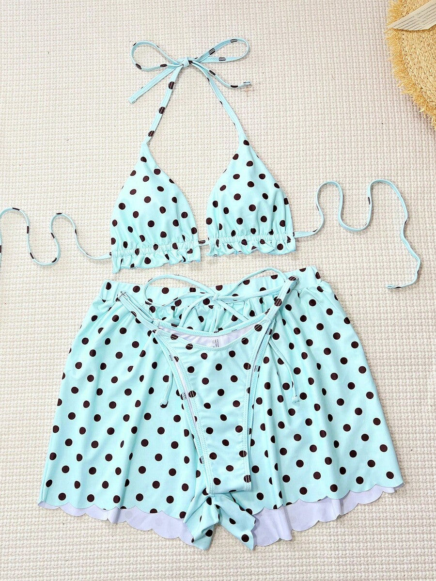 Women's 3-piece frill trim bikini set with halter tie-back top and high waist bottoms.