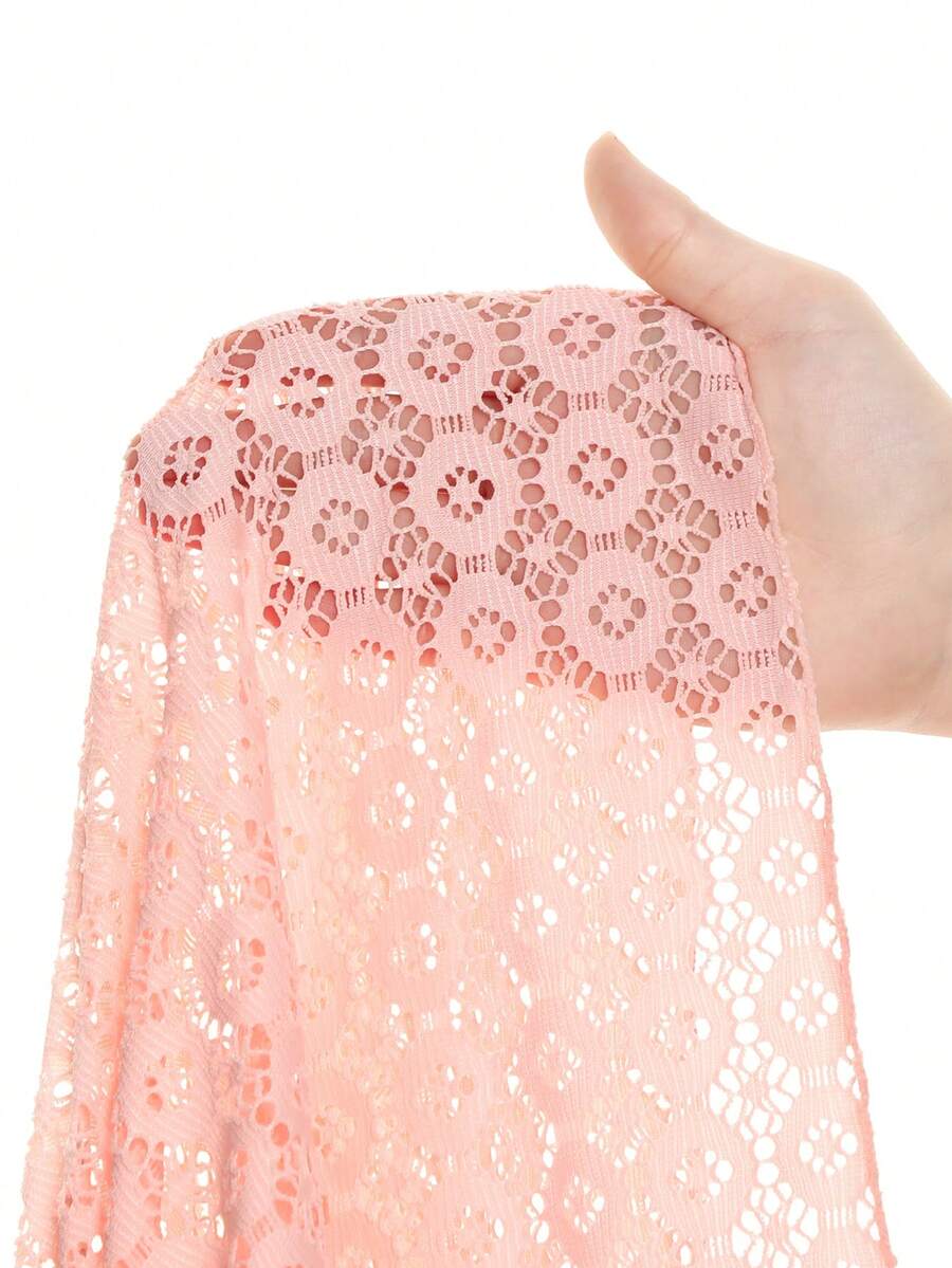 Tween girls apricot sleeveless knit mesh swimwear cover up with V-neck and hollow-out pattern