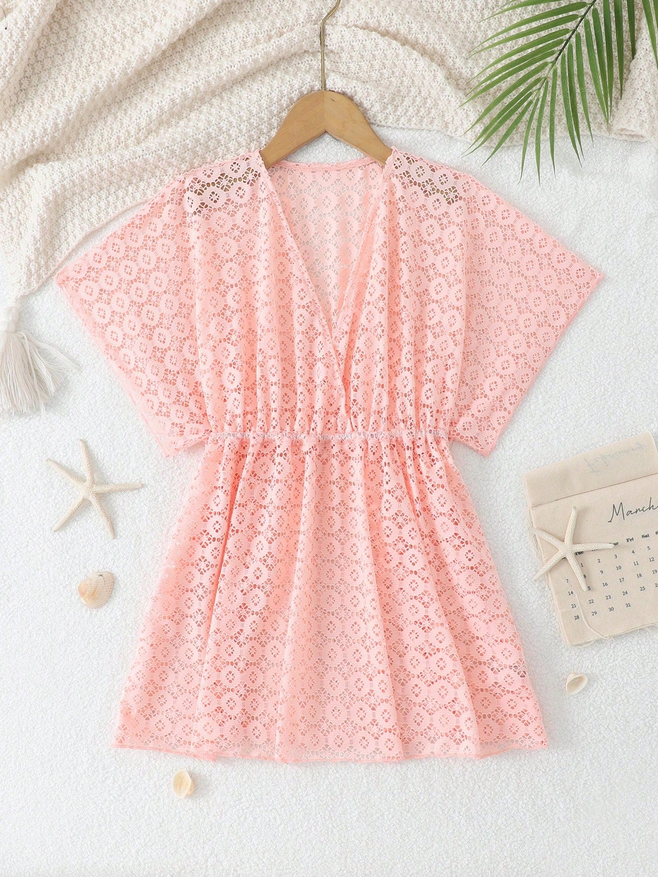Tween girls apricot sleeveless knit mesh swimwear cover up with V-neck and hollow-out pattern
