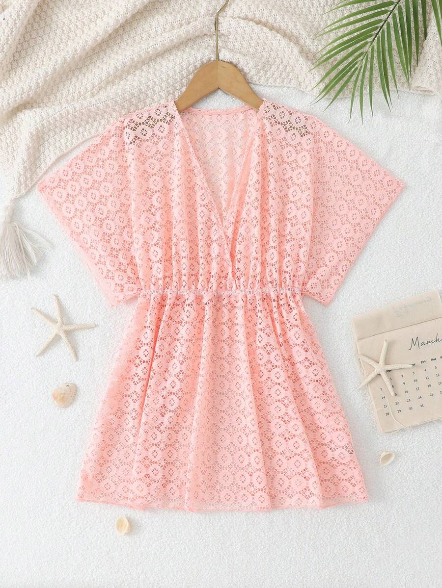 Tween girls apricot sleeveless knit mesh swimwear cover up with V-neck and hollow-out pattern
