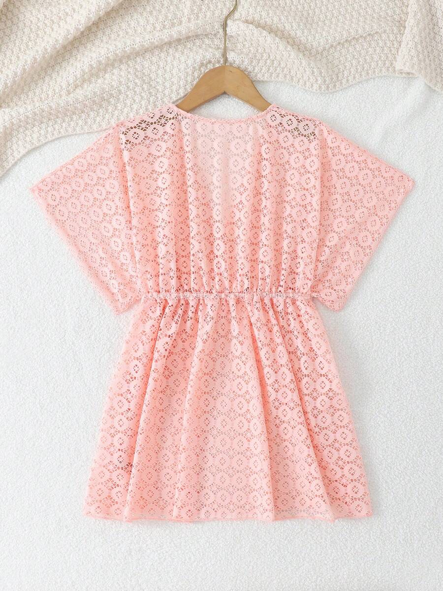 Tween girls apricot sleeveless knit mesh swimwear cover up with V-neck and hollow-out pattern