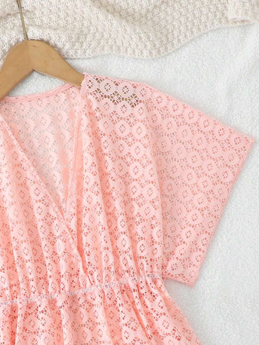 Tween girls apricot sleeveless knit mesh swimwear cover up with V-neck and hollow-out pattern