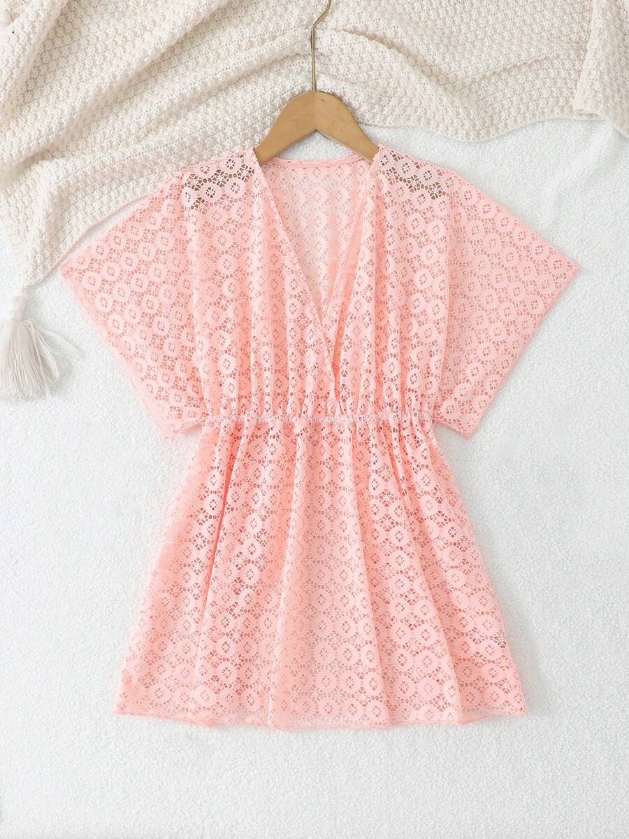 Tween girls apricot sleeveless knit mesh swimwear cover up with V-neck and hollow-out pattern