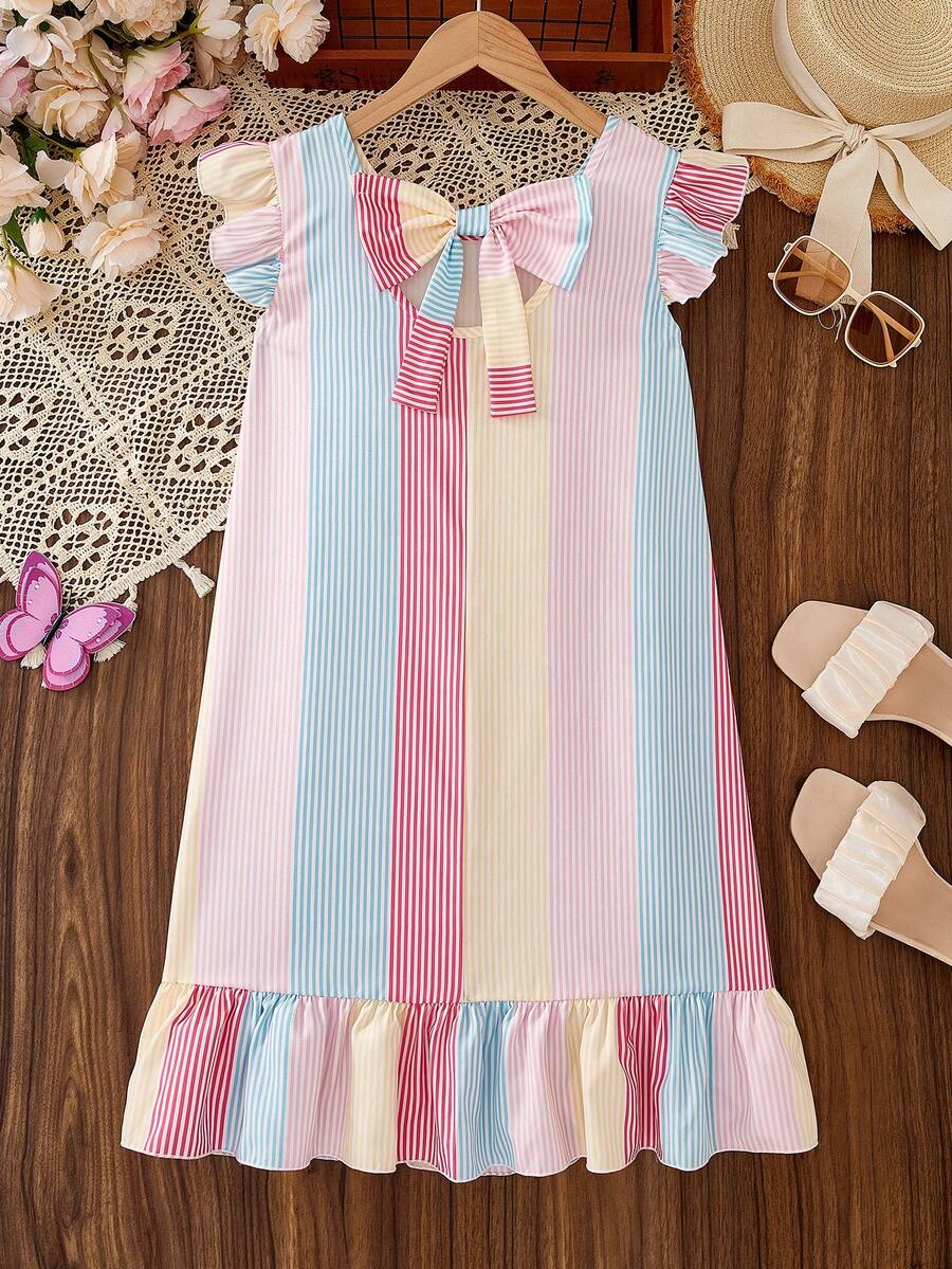 Tween girls apricot vacation midi dress featuring a round neck, cut out details, ruffle flounce accents, and geometric pattern.