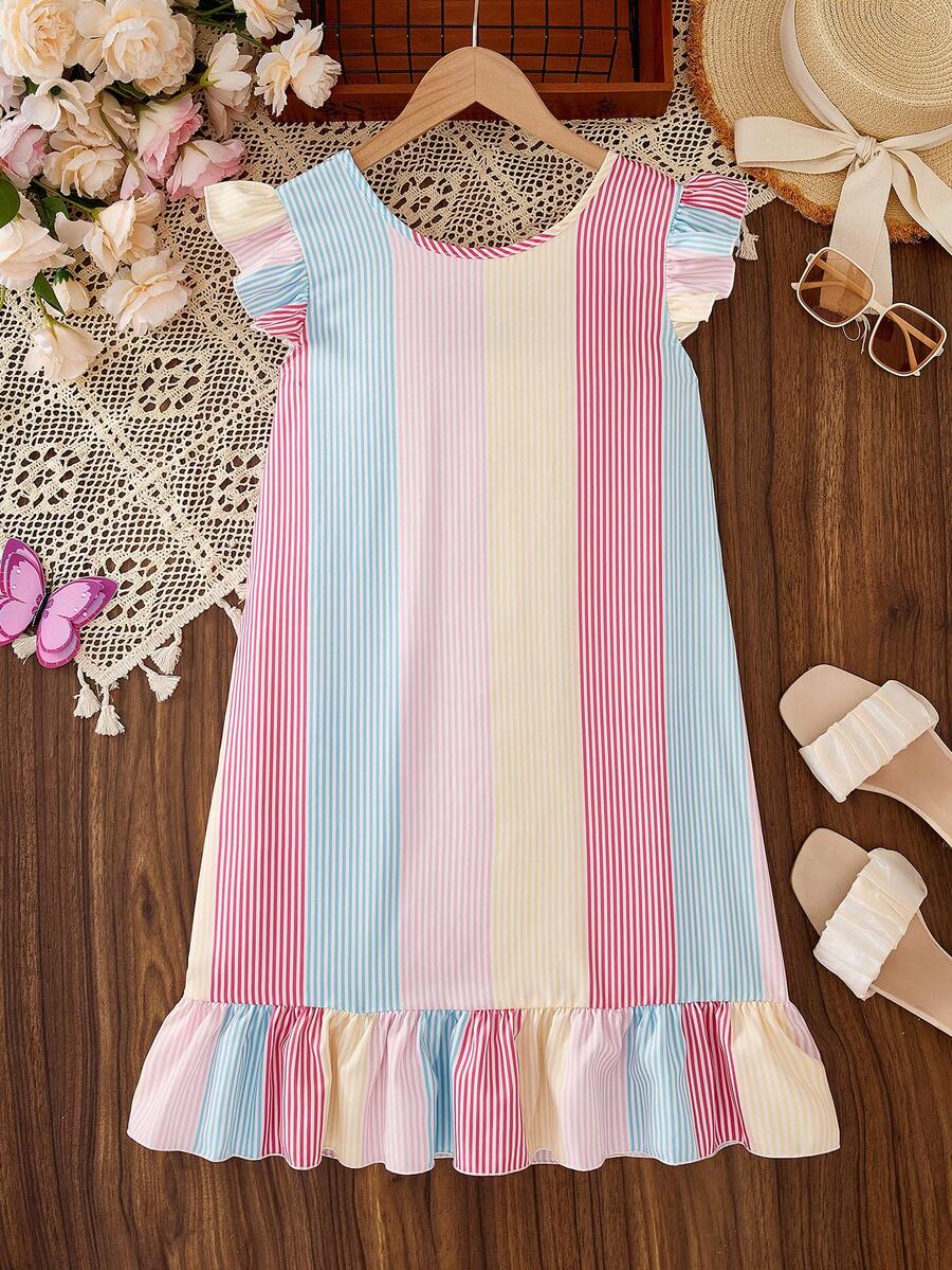 Tween girls apricot vacation midi dress featuring a round neck, cut out details, ruffle flounce accents, and geometric pattern.