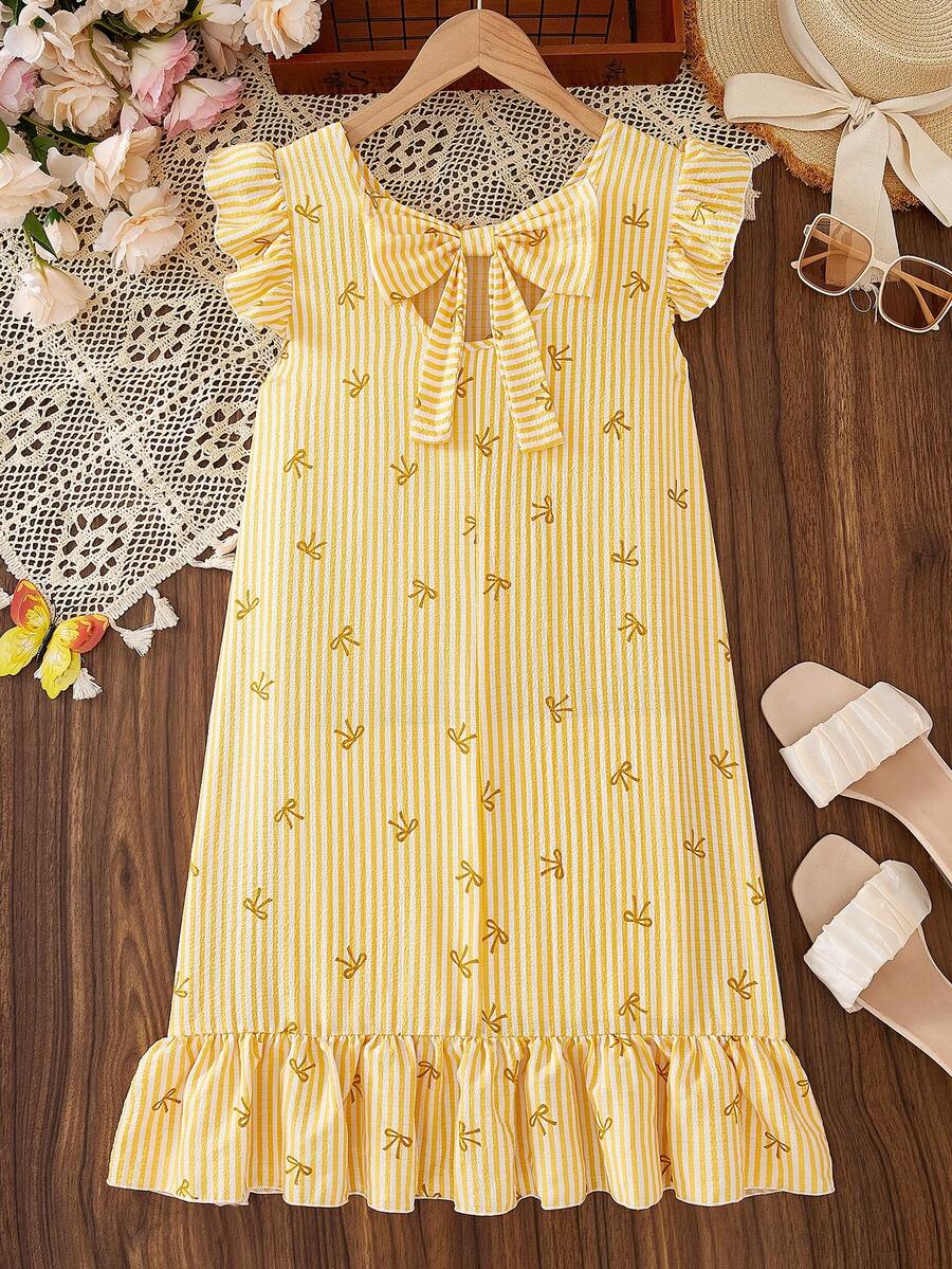 Tween girls apricot vacation midi dress featuring a round neck, cut out details, ruffle flounce accents, and geometric pattern.