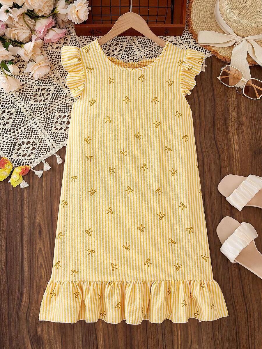 Tween girls apricot vacation midi dress featuring a round neck, cut out details, ruffle flounce accents, and geometric pattern.