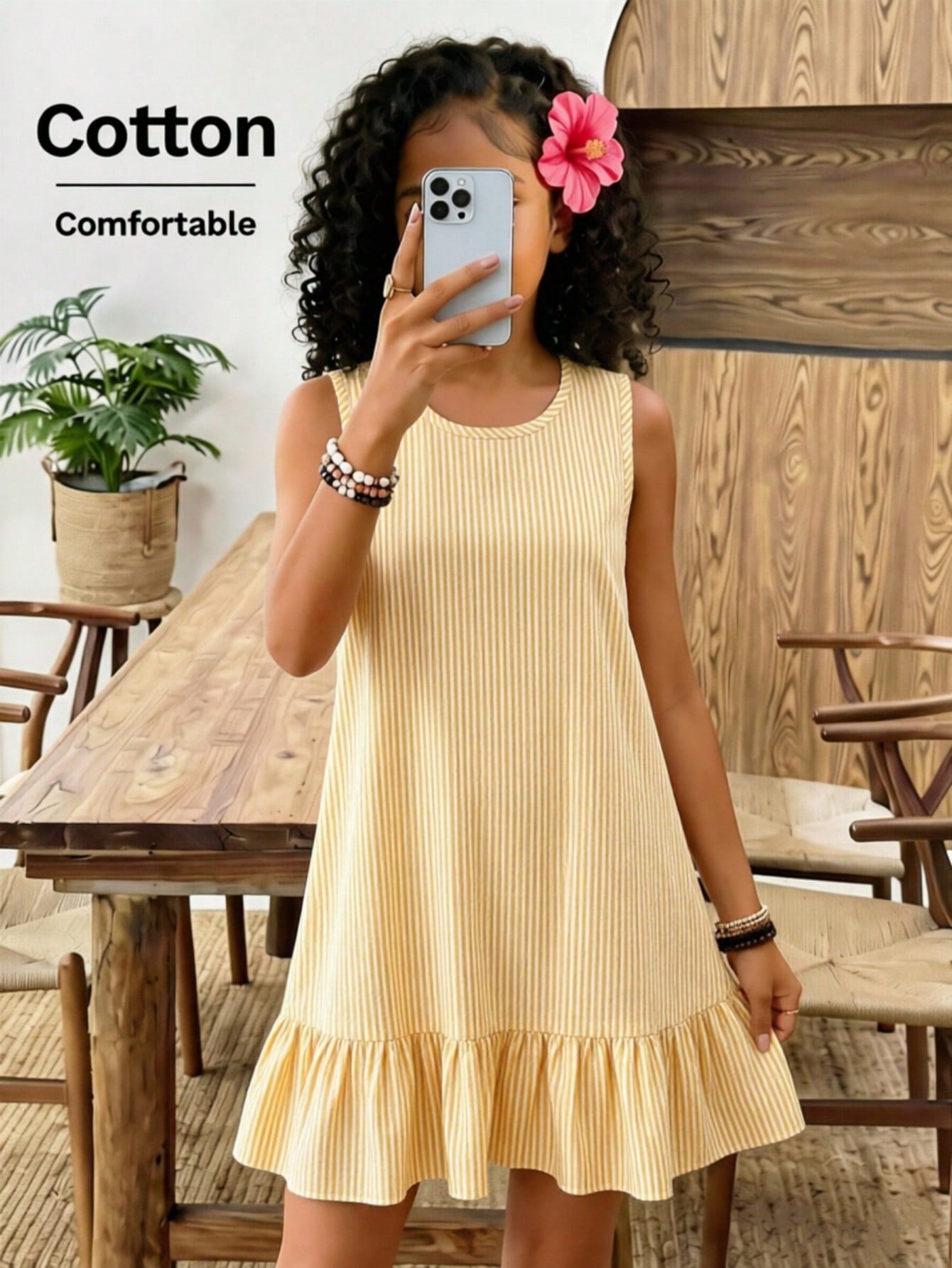 Tween girls casual leopard print smock mini dress featuring a round neck and flounce ruffle hem.