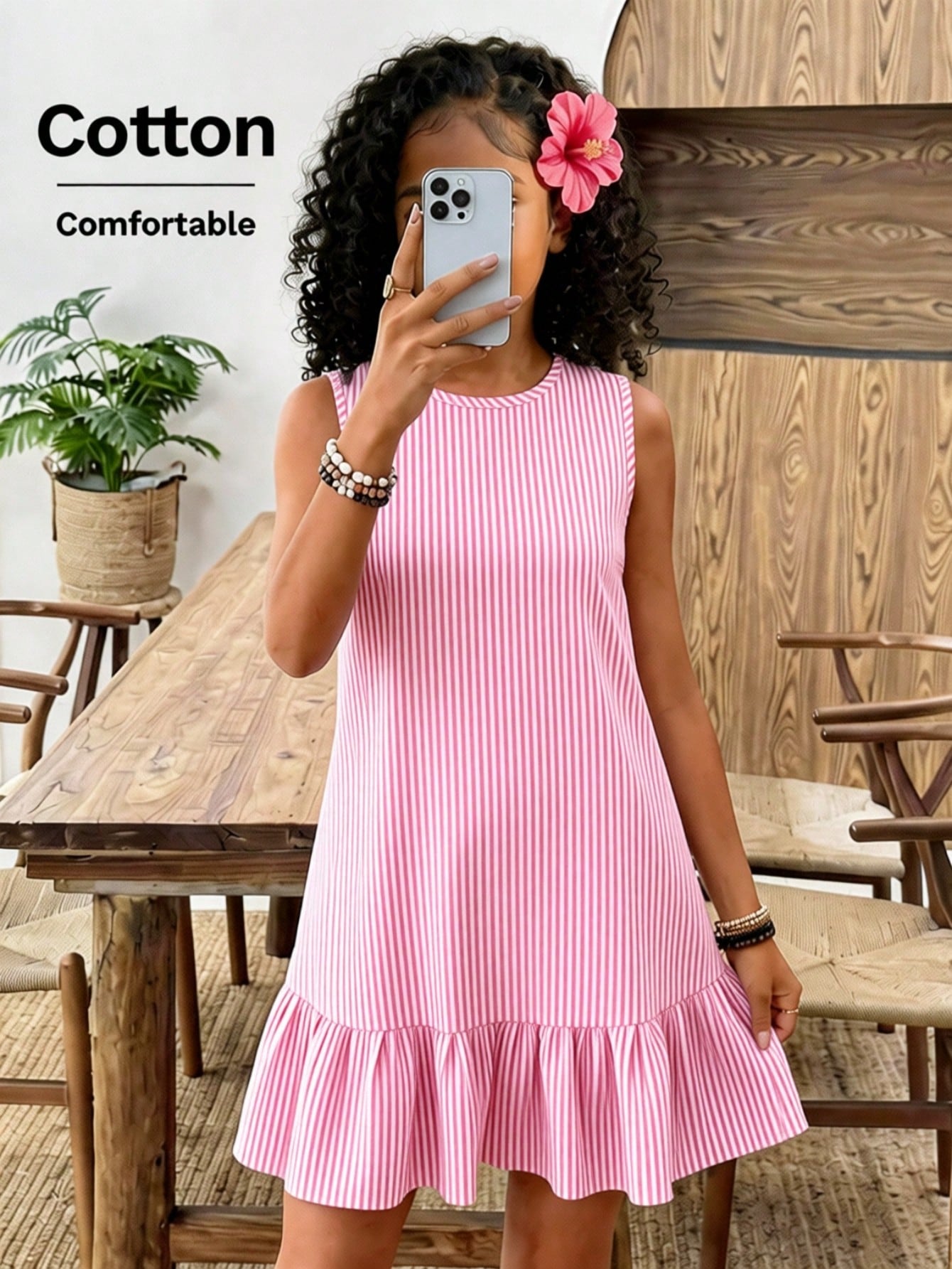 Tween girls casual leopard print smock mini dress featuring a round neck and flounce ruffle hem.