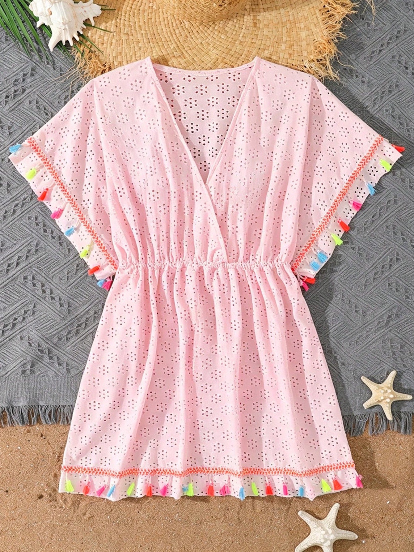 Tween girls apricot sleeveless knit mesh swimwear cover up with V-neck and hollow-out pattern