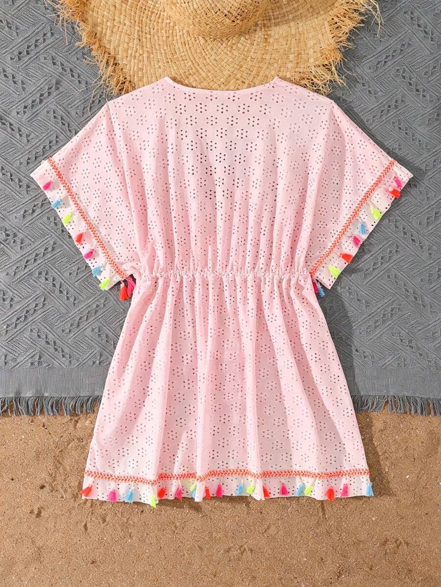 Tween girls apricot sleeveless knit mesh swimwear cover up with V-neck and hollow-out pattern