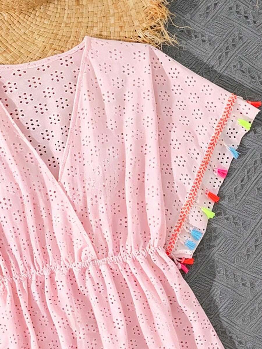 Tween girls apricot sleeveless knit mesh swimwear cover up with V-neck and hollow-out pattern