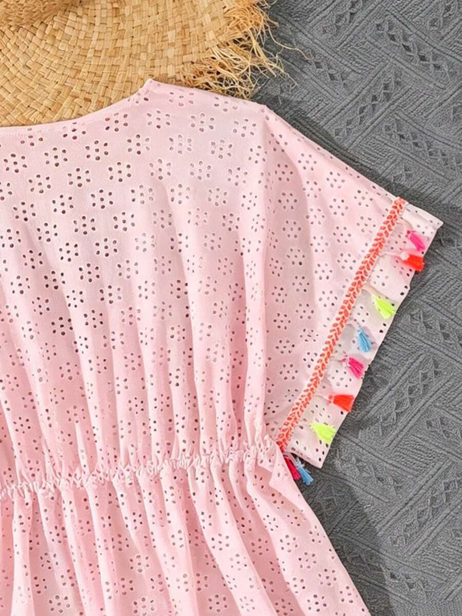 Tween girls apricot sleeveless knit mesh swimwear cover up with V-neck and hollow-out pattern