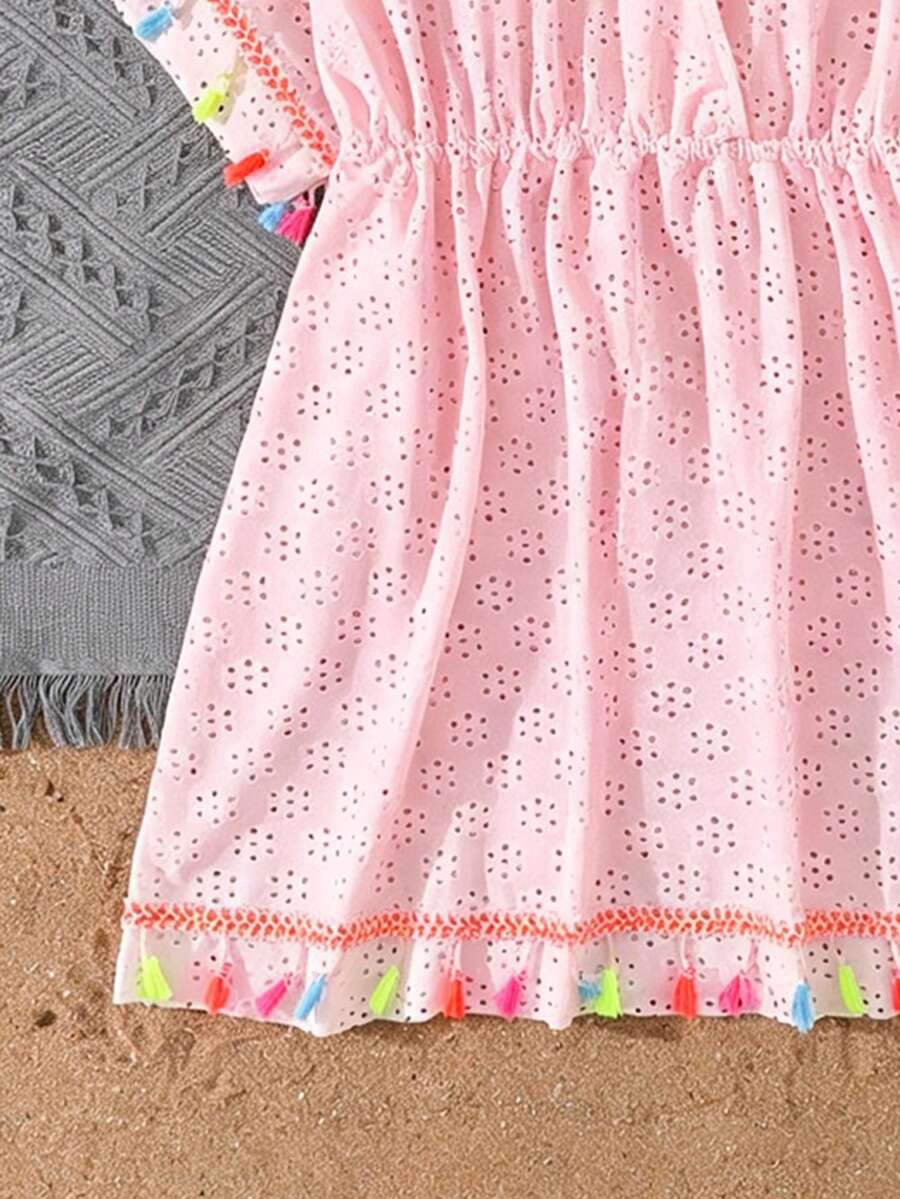 Tween girls apricot sleeveless knit mesh swimwear cover up with V-neck and hollow-out pattern
