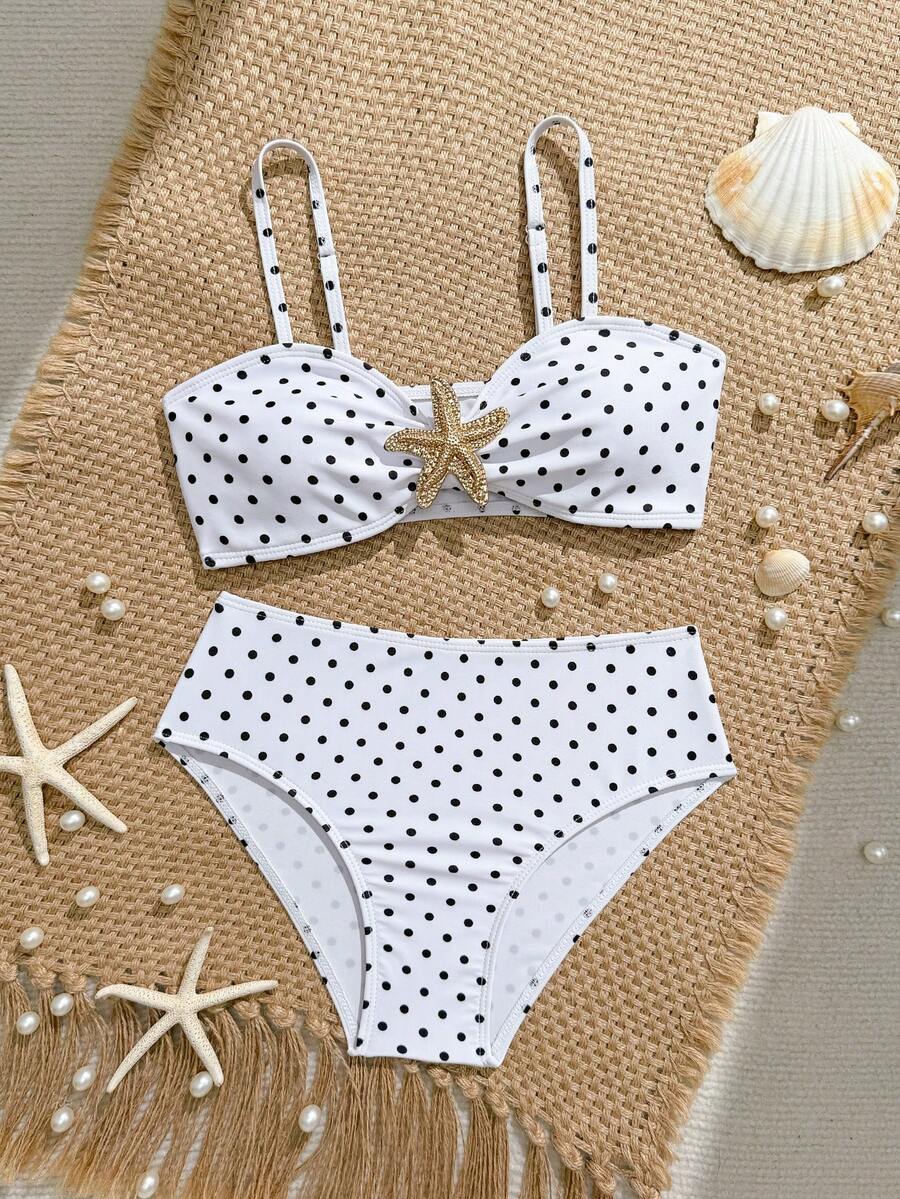Tween girls pink and white striped two-piece bikini set with spaghetti strap bandeau top, starfish decor, and high waist swim bottoms for beach and vacation wear