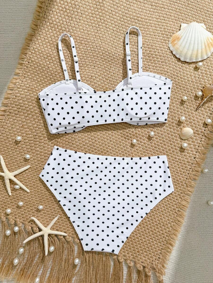 Tween girls pink and white striped two-piece bikini set with spaghetti strap bandeau top, starfish decor, and high waist swim bottoms for beach and vacation wear