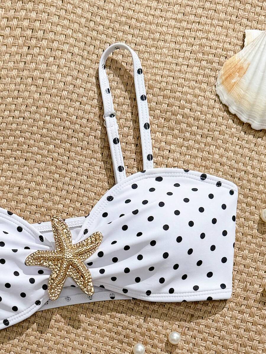 Tween girls pink and white striped two-piece bikini set with spaghetti strap bandeau top, starfish decor, and high waist swim bottoms for beach and vacation wear